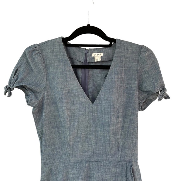 J. Crew Short Sleeve V-Neck Faux Wrap Ruffle Chambray Mini Dress Preppy - Sz 00 - Picture 5 of 15